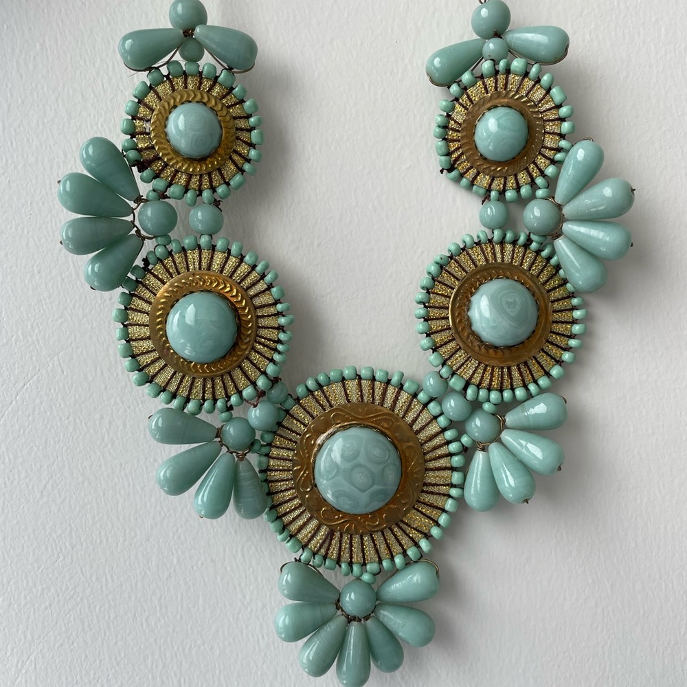 Turquoise Gold Bib Chunky Statement Necklace - Western Boho